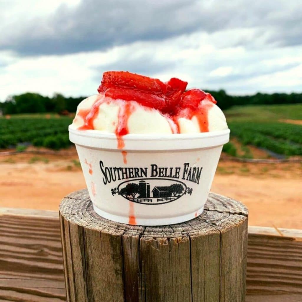 A close up of an ice cream topped with strawberry syrup and sliced strawberries from Southern Belle Farm