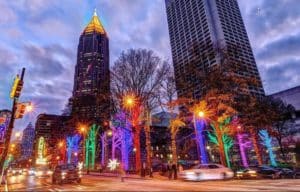 Holiday lights in Midtown Atlanta for December, one of the many things to do this month in the ATL