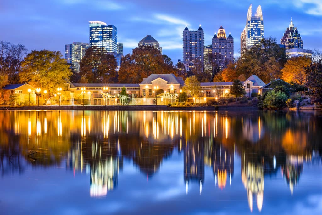 Atlanta, Georgia, USA downtown city skyline at Piedmont Park's Lake