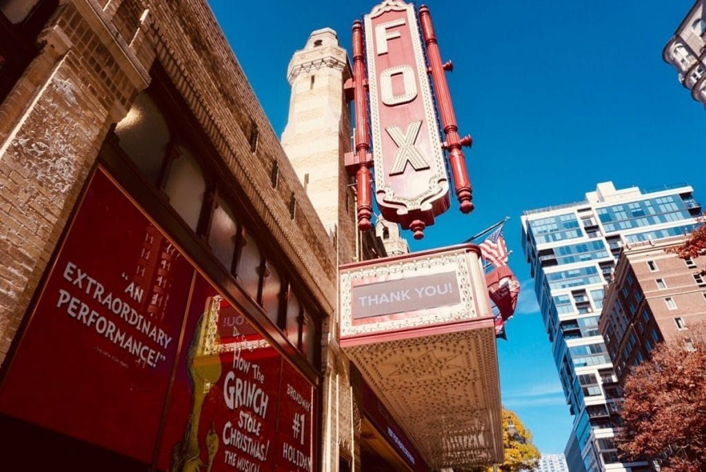 up-close picture of the fox theatre iconic red sign