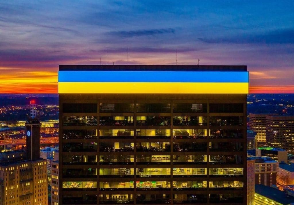 Atlanta's Equitable building with the Ukrainian Flag