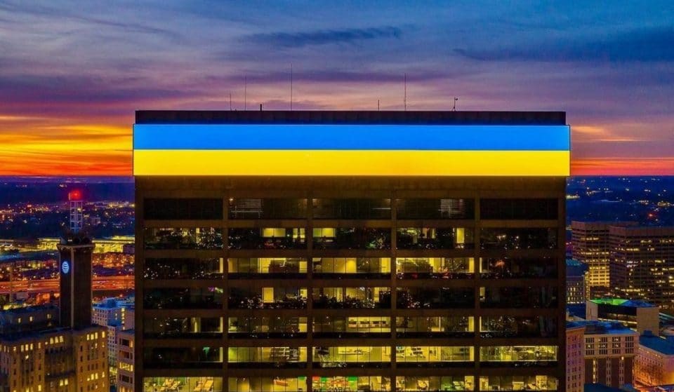 PHOTOS: Atlanta’s Skyline Illuminated Blue & Yellow In Support Of Ukraine