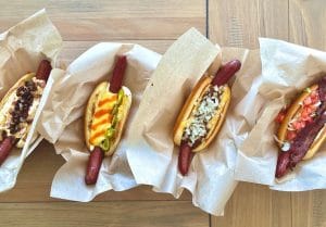 Hot dogs at Red's Beer Garden, the perfect place to celebrate Fourth weekend with their hot dog eating contest!