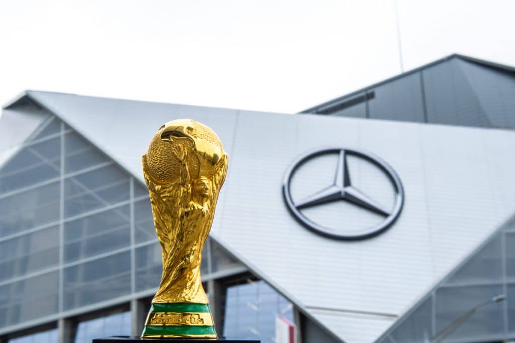 FIFA World Cup in front of the Mercedes Benz Stadium in Atlanta, the new host city for the legendary sporting event