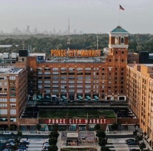 Drone shot of Ponce City Market in Old Fourth Ward, Atlanta