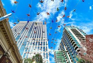 Public art installation of flying birds in Midtown Atlanta