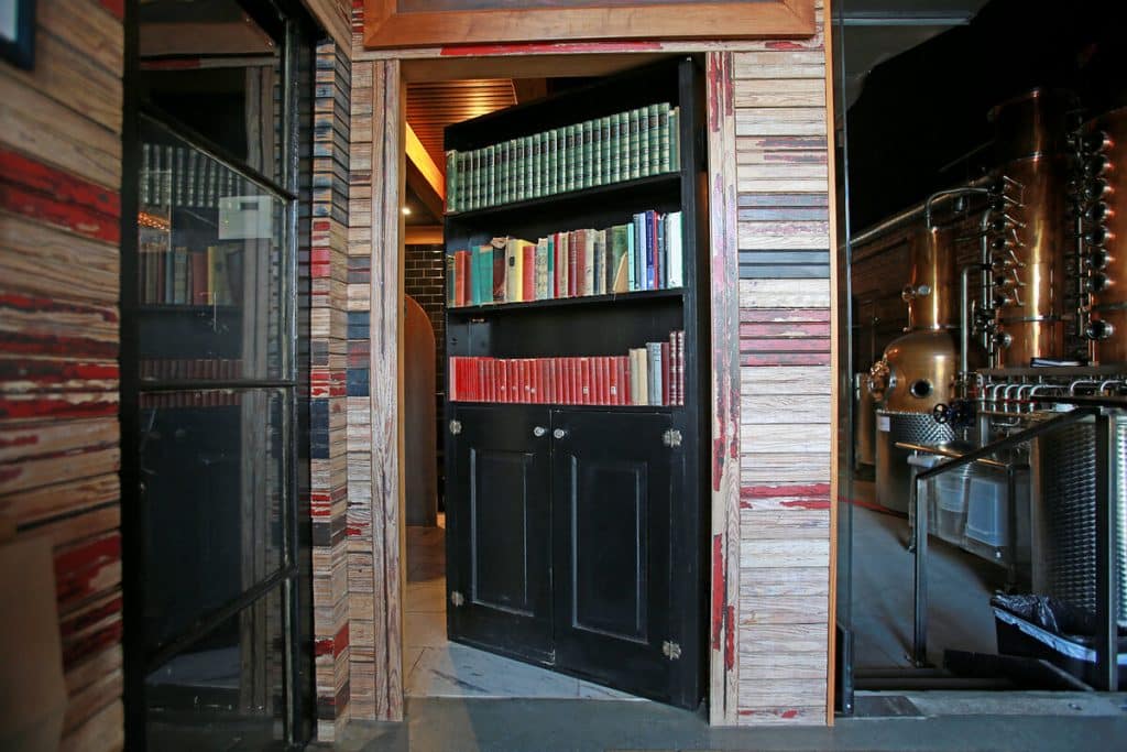 Mysterious bookshelf at Old Fourth Distillery in Atlanta