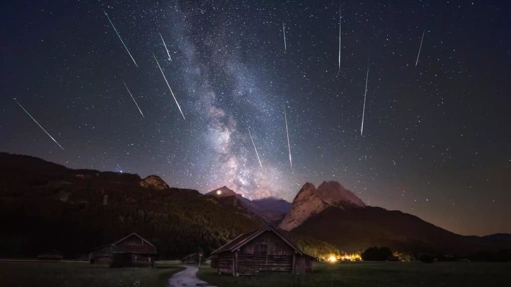 Perseid meteor shower photographed in Garmisch-Partenkirchen in southern Germany