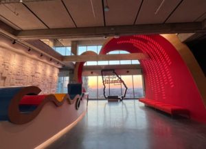 Inside the Google office building: Heart installation and Google logo