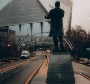 New interactive sculpture in Atlanta, behind the Martin Luther King scuplure by the Mercedes Benz Stadium