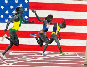 mosaic art of track runners with an American flag background