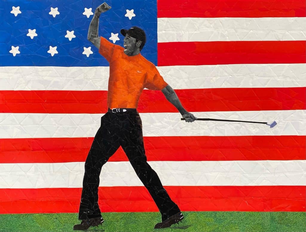 mosaic art piece of Tiger Woods and the American flag by Jim Hill