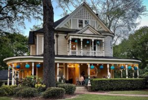 Prime example of Inman Park's stunning Victorian architecture, decorated for the Inman Park Festival