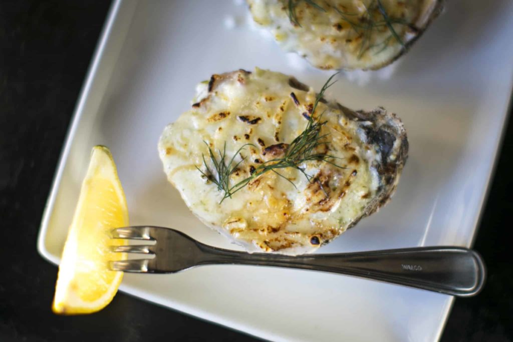 Baked oysters leeks bacon dill parmesean roasted oyster