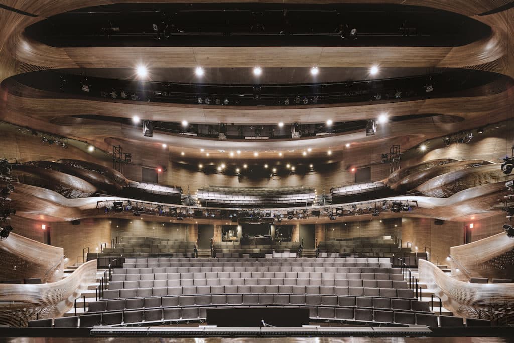 Image of the Alliance Theatre audience, taken from the stage, looking out