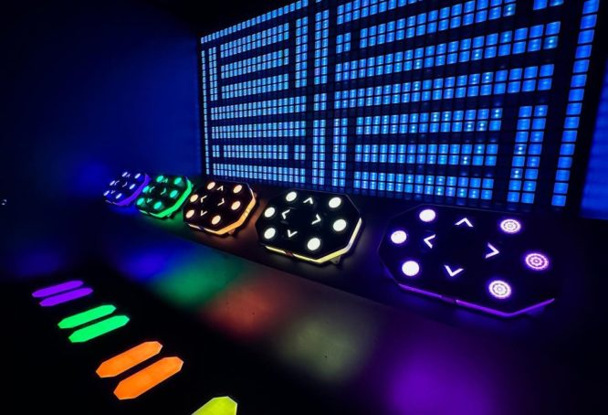 large colorful glowing control room for games